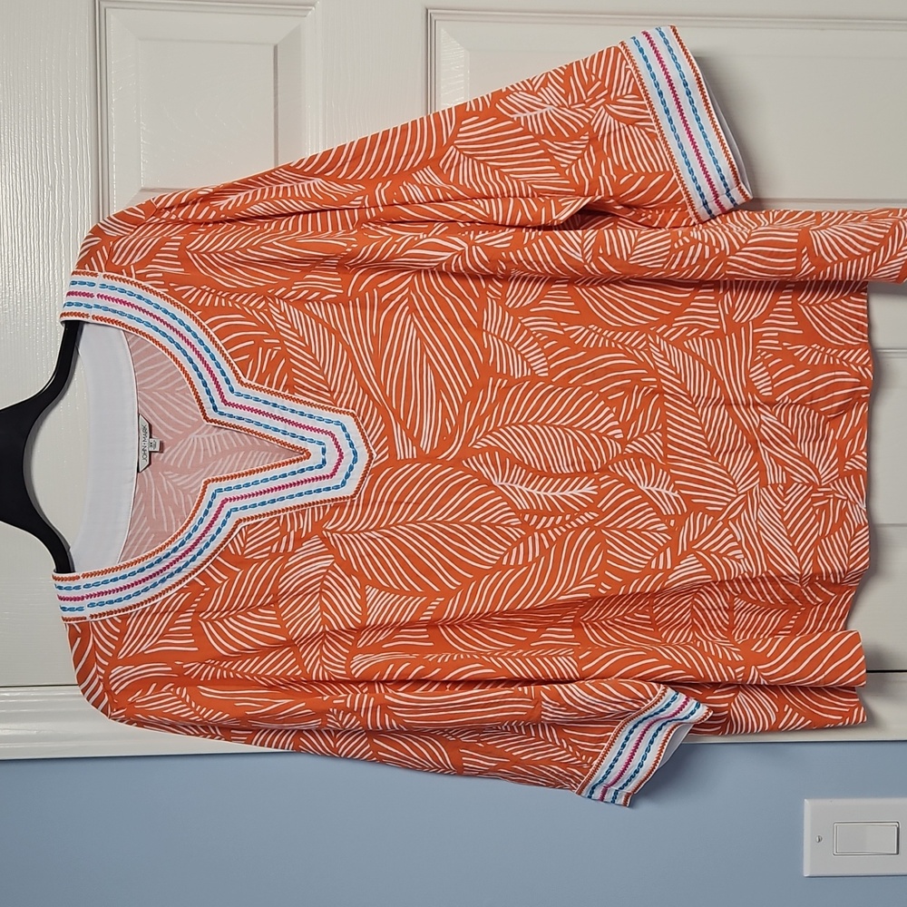 John Mark 3/4 Sleeve Split V-neck Tunic: Orange Leaf Pattern: Size- 3X